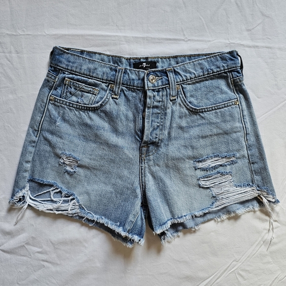 7 For All Mankind Monroe cut off Denim Distressed Cotton High-rise Short Size 26 - Picture 1 of 7